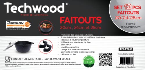 Faitout En Pierre Techwood 20 Cm – Fonte D’aluminium, Couvercle En Verre, Poignées Silicone Amovibles, Compatible Tous Feux