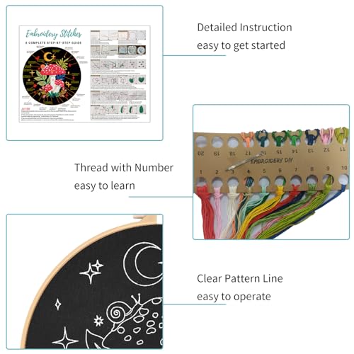 Image of Nuberlic Mushroom Embroidery Kits for Beginner Adults Cross Stitch Kit with Stamped Pattern Include Cloth Hoops Threads Needles