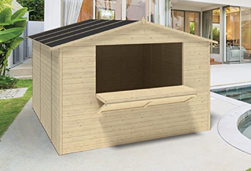 Chiosco in legno di Abete da Giardino Esterno modello MIAMI Materiale: -Abete grezzo non trattato -Tipologia costruttiva pannelli Dimensioni: -Spessore Parete mm 19 -Dimensioni a terra cm 310x300-Dimensioni interne cm 300x291-Superficie Pavimento interna mq 8,74-Altezza Massima cm 222 -Altezza Parete cm 180 - Massimo ingombro cm.341x311 Caratteristiche: -Porta singola cm 71x179h - Anta a ribalta cm. 179x89,5h Tetto in pannelli OSB spessore mm 12 - Pavimento ESCLUSO - Peso kg. 500