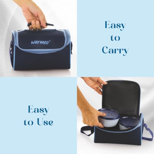 Image of WARMEO Micro Meal Microwave Safe Lunch Box | 1 Rectangular Container 600ml + 2 Round Container 350ml Each | BPA Free I Stylish Durable Jacket I Ideal for Office,School,Outdoor, Picnic,Blue