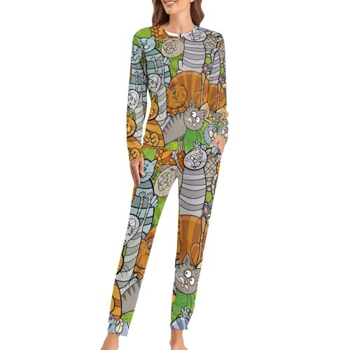Pyjama femme chat brun gris ensemble manches longues anti-froid nuit confortable
