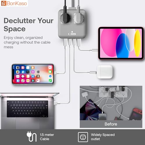 Image of BonKaso Nano 6-in-1 67W GaN Fast Charging Station with 2 AC Outlets, 2 USB-C & 2 USB-A Ports | Ultra Slim Portable Power Hub | Multi-Layer Protection | 330g | 11.8x10.5x2 CM (Grey)