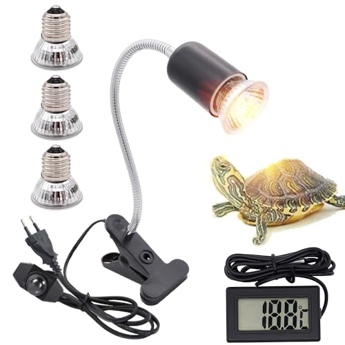 Lotvic Lampe Chauffante Tortue, Lampe Reptiles avec 3 Ampoules(UVA/UVB lampe) et Thermomètre, Lampe Chauffante E27 UVA + UVB pour Tortue, avec Pince Pivotante à 360...