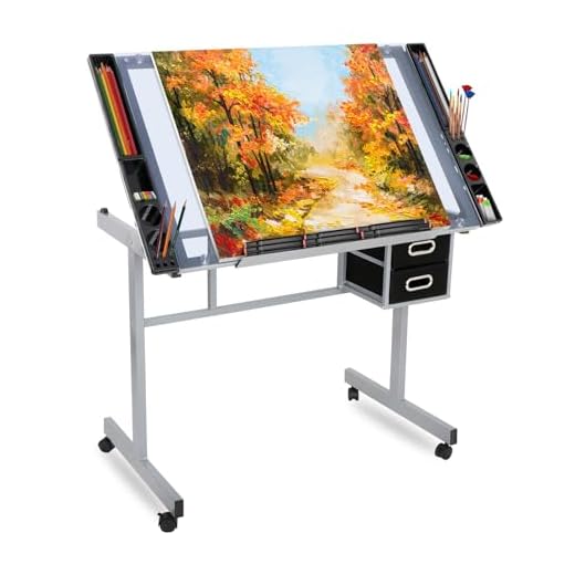 HomGarden Height Adjustable Drawing Desk Glass Top Rolling Drafting Table Art Craft Draft Station Home Office Workstation w/Drawers and Wheels