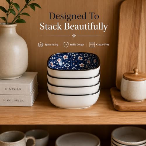Image of Japanese Style Ceramic Dip Bowl Set of 6 | 200 ml Small Serving Bowls for Sauces, Snacks, Chutney & Desserts, Floral Blue Square Bowls | Porcelain Bowls for Kitchen & Dining (Midnight Sakura)