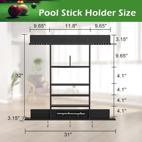HSSZXFR Pool Cue Rack 8 Pool Stick Holder Wall Mount 2-in-1 Pool Stick & Ping Pong Paddle Holder Billiard Cue Rack Solid Wood Billiard Table Accessories for Billiard Room, Game Room (Black Timer) - Thumbnail 2