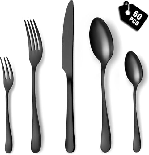 BEWOS Besteck Set für 12 Personen, 60 teilig Schwarz Mattiert Essbesteck Set inkl. Messer, Gabel, Löffel, Besteck Edelstahl, Spülmaschinenfest