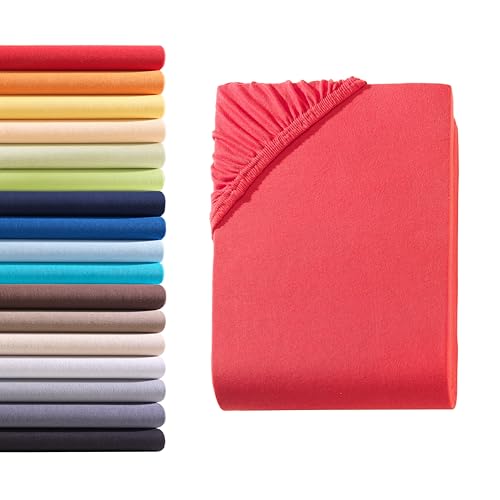 Hometex Premium Textiles Spannbettlaken Spannbetttuch 90-100 x 200 cm, Bettlaken Jersey aus 100% Baumwolle, Matratzen bis 23-25 cm, Oeko-TEX Made IN Green, Rot