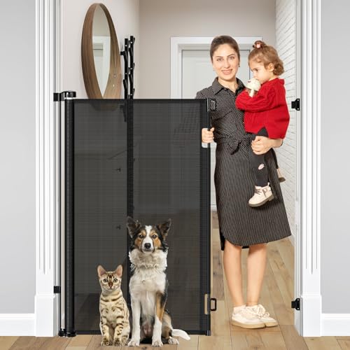 Reinforced 48 Extra Tall Pet Gate with Support Rods 4 Ft Tall Retractable Baby Gates for Doorways 55 Wide Mesh Dog Gate Indoor Outdoor - Prevent Baby/Pet from Jumping Over Black