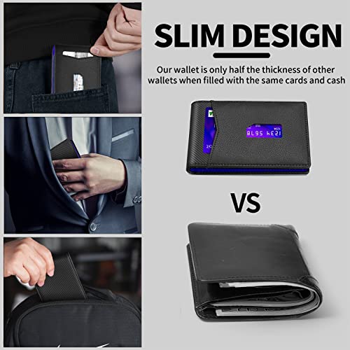 Shoucangar Wallet For Men - Rfid Blocking Mens Wallet Front Pocket Credit Card Holder - Small Wallets With Cash Strap (Black Blue) #TOP2