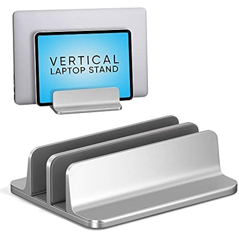 Kuzy Aluminum Laptop Stand, Dual-Slot Vertical Holder for MacBook, Gaming Laptops & Tablets, Adjustable & Secure, Silver, Laptop Stand Vertical Cover