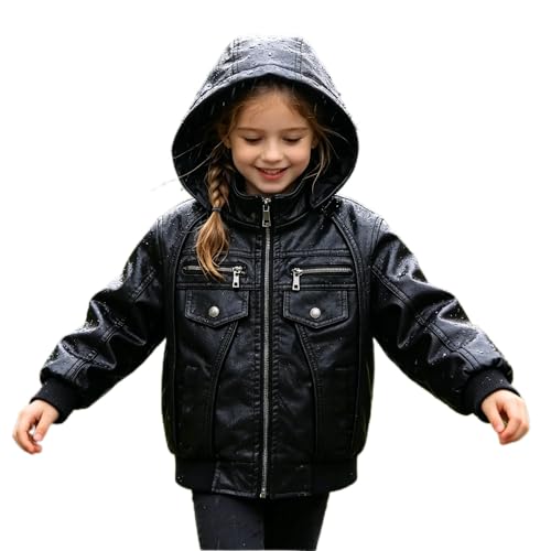Image of Kids Faux Leather Biker Jacket with Detachable Hood - Moto Coat for School, Zipper Closure, for Boys & Girls 4-12Y