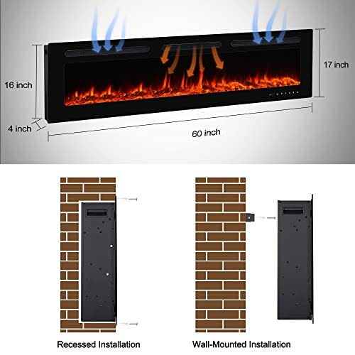 BETELNUT 60\" Electric Fireplace Wall Mounted and Recessed with Remote Control, 750/1500W Ultra-Thin Wall Fireplace Heater W/ Timer Adjustable Flame Color and Brightness, Log Set & Crystal Options - Thumbnail 6