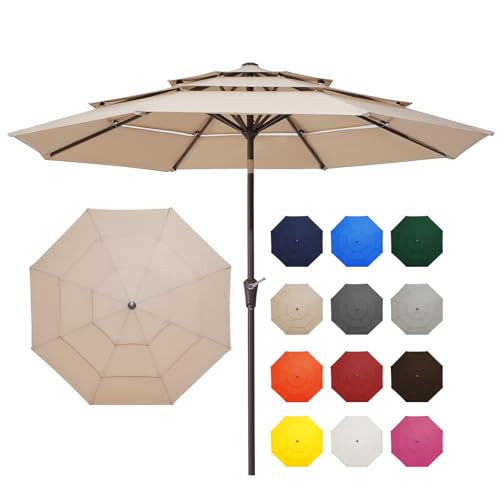 Image of JEAREY 9FT 3 Tier Patio Umbrella Outdoor Market Umbrella Table Umbrellas with 8 Ribs 1.5 Pole Push Button Tilt and Crank UV Protection for Garden,Beige
