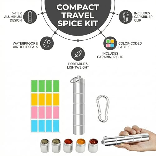 Camping Zubehör – 5-in-1 Gewürzbehälter aus Aluminium, inkl. farbiger Etiketten und Karabiner, ideal für Camping, Reisen und Outdoor-Abenteuer, 5x5ml Fächer für Gewürze