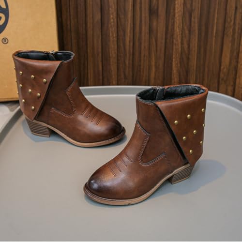 Girls Low Heels Cowgirl Cowboy Western Boots Rivet Mid Calf Booties Side Zipper Riding Shoes3