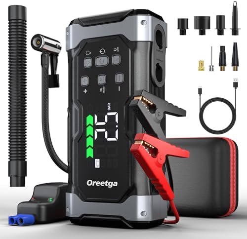 Upgraded 9000A Car Jump Starter with Air Inflator/Deflator Compressor, 9 in 1 Portable Jumper Box Power Pack Charger (All Gas/14L Diesel) Combo Cordless Air Pump for Tire Inflator & Large LCD Screen