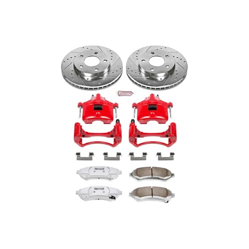 Image of PowerStop Front Brake Kit for Buick Century 1997-05 |LeSabre 2000-05 |Regal 1997-04 - Drilled & Slotted Disc Rotors + Carbon-Fiber Ceramic Brake Pads + Red-Powder Coated Calipers, KC2553-26