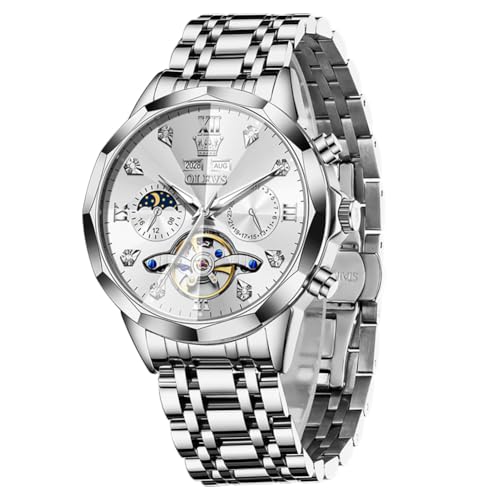 Image of OLEVS Automatic Men Watch Self Winding Mechanical Moon Phase Business Luxury Diamond Dress Stainless Steel Waterproof Luminous Mens Wrist Watch