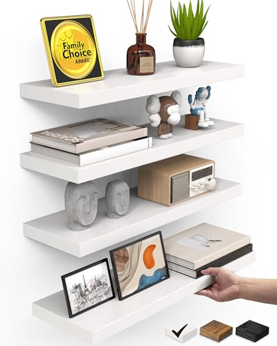 BAYKA White Floating Shelves 15.7in, Set of 4, Wall Mount Rustic Wood Shelf