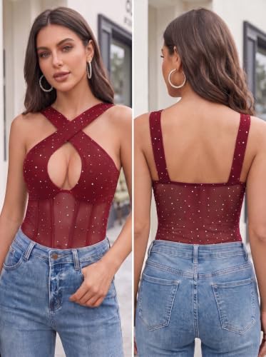 Avidlove Women's Sequin Mesh Bodysuit Criss Cross Lingerie Wine Red S — view 5