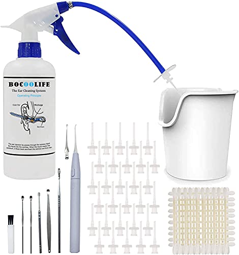 BOCOOLIFE Earwax Removal Kit,Earwax Cleaner System-Ear Wax Washer,Ear Basin,30 Ear Tips,Ear Picks,Lighting Ear Pick,Cotton Swabs.Easy to Operate,Safe and Effective to Clean Ear Blockage of All Ages