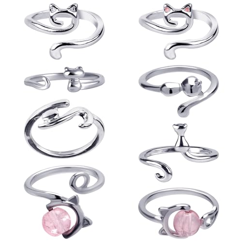8pcs Cat Crochet Ring, Adjustable Yarn Guide Ring Cute Crochet Tension Ring with Box 8 Styles Finger Loop Holder for Crocheting Knitting Accessories for Women