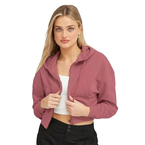 Image of FUNKY MONKEY Women's Cropped Zip-Up Hoodie-Lightweight Fleece Crop Sweatshirt with Hood, Drawstring & Kangaroo Pockets