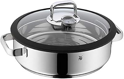 WMF Vitalis - Fuente Redondo de Cocción al Vapor 28 cm Diámetro, Tapa de Cristal con Borde de Silicona, Termómetro, Acero Inoxidable Cromargan Pulido, Apto para Inducción y Lavavajillas, 5 L