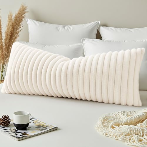 Image of decorUhome Fall Cozy Faux Fur Throw Pillow Covers 14x36 Pack of 1 Decorative Soft Plush Striped Lumbar Modern Farmhouse Boho Couch Pillow Cases with Velvet Back for Sofa Bed Living Room, Cream White