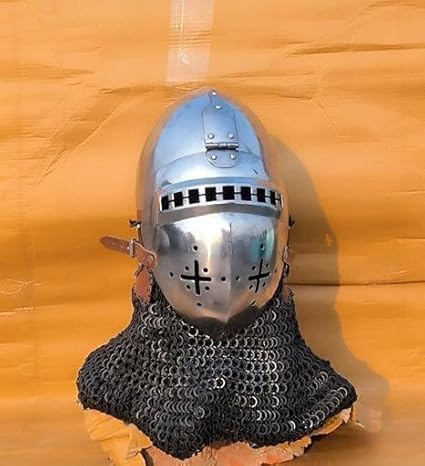 Medieval Viking Battle Helmet with Celtic Etched Design, Polished Steel, Chainmail, LARP Costume Armor, 18 Gauge, 26.5 Inch (Style - 6)