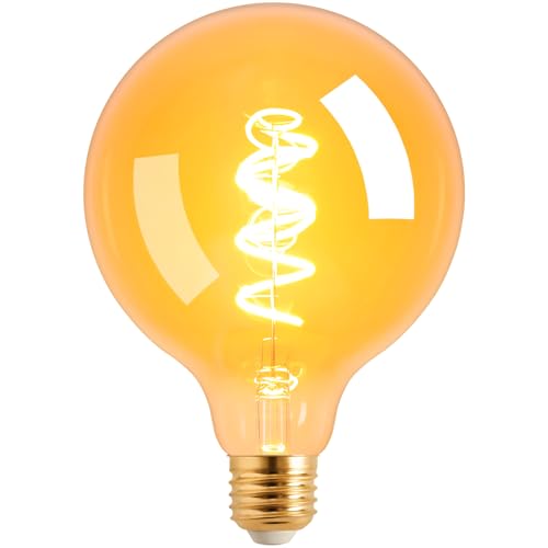 Terafeels Edison Bulb E27, G125, 6W, 2200K Warm Yellow Glow, Dimmable, Amber Glass, Spiral Filament, Large Vintage LED Bulb for Lamp, Decoration