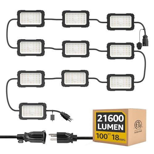 HYANGLUX 100FT LED Work String Lights, 3 Prong 180W, Super Bright, ETL Listed