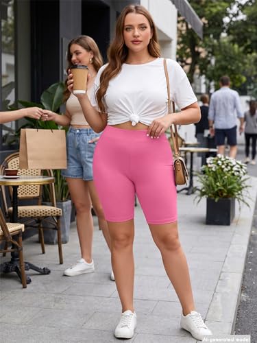 AusLook Women's Plus 8" Biker Shorts High Waist Tummy Control Fitness Athletic Workout Running Yoga Gym Volleyball Spandex Hot Pink 3X Shorts — view 3