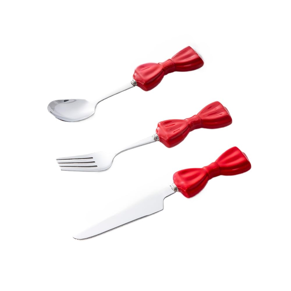 Bowknot Ceramics Handle Kitchen Stainless Steel Silverware Tableware Flatware Cutlery Set Steak Knife Fork Spoon Teaspoon (Red,3 pieces)