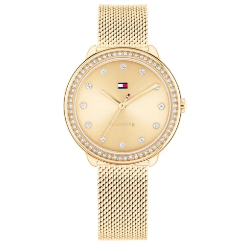 Tommy Hilfiger Uhr mit DREI-Zeiger-Quarzwerkfür Damen mit Goldfarben Edelstahl-Mesh-Gliederarmband - 1782699