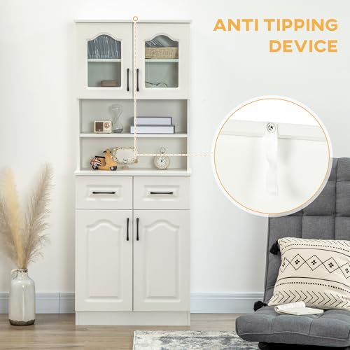 HOMCOM Kitchen Cupboard, Freestanding Storage Cabinet with 2 Adjustable Shelves, 2 Drawers and Open Counter for Living Room, Dining Room, 168cm, White - Image 7