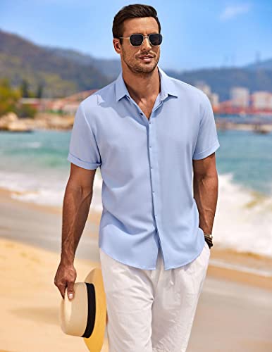 Image of COOFANDY Men's Linen Shirts Short Sleeve Casual Shirts Button Down Shirt for Men Beach Summer Wedding Shirt