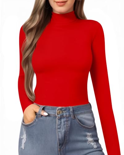 Image of MANGOPOP Women's Mock Turtle Neck Slim Fit Long Sleeve T Shirt Tunic Tops Tee, Long Sleeve Red, X-Large