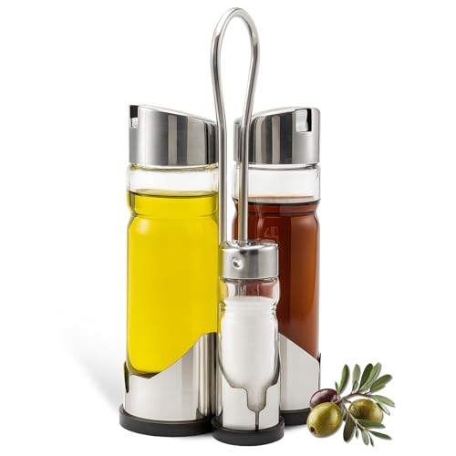 CHEFZOCO Convoys de aceite y vinagre, Set De Aceite Y Vinagre, Set De Sal Y Pimienta, Vinagreras Y Aceiteras De Mesa con soporte, Fabricada en Acero inoxidable y vidrio, Libre de BPA