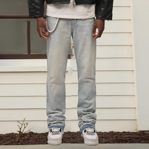 Hulpvktsgiq Men's Ripped Slim Fit Straight Leg Jean Pearl Patch Denim Pant Rhinestone Baggy Trousers with Pockets4