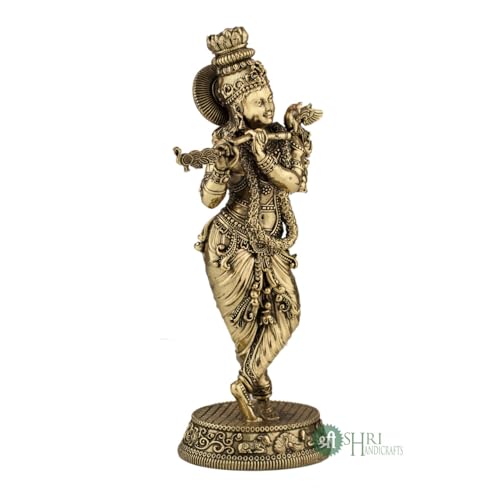 Image of INDICAST Brass 5.5 inch Lord Krishna Statue | Handcrafted Standing Krishna Murti Hindu God Idol Figurine Perfect for Decoration Puja & Gifting Purpose Sculpture (Weight- 150gm)