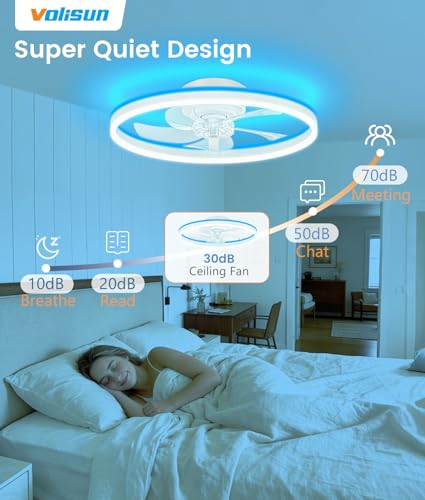 Image of VOLISUN RGB Ceiling Fans with Lights and Remote, 20in Low Profile Ceiling Fans with Lights Flush Mount, 3000K-6500K Dimmable Fandelier LED Fan Light, White Bladeless Ceiling Fans for Bedroom