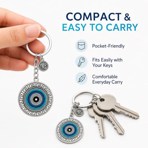 Image of Evil Eye Keychain, Blue Nazar Talisman with Eye of Horus Charm, Greek Key Border, Antique Finish, Metal Key Ring