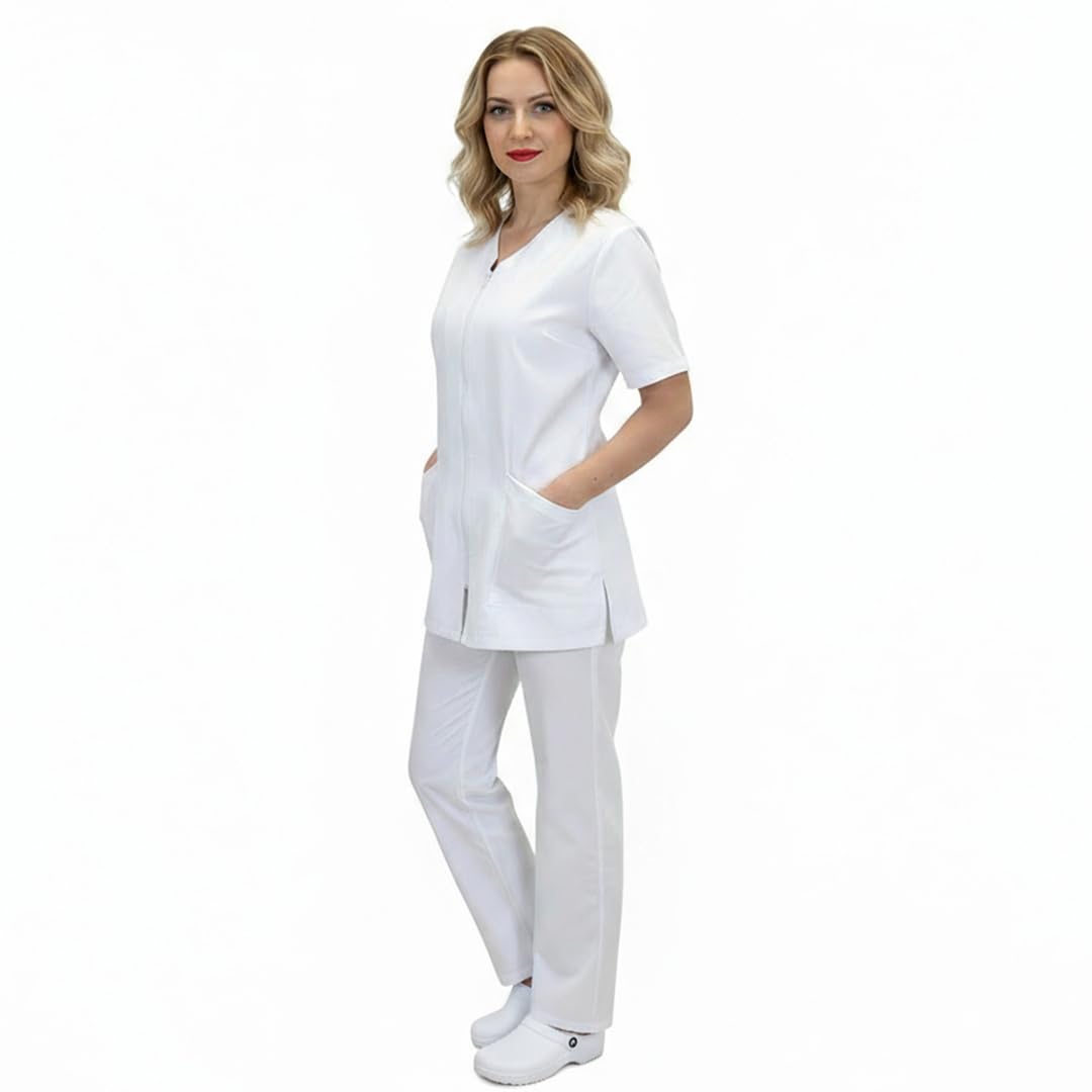 Traje de trabajo para mujer, completo, sanitario, enfermera, hueso, hospitalaria, con cremallera, varios colores, Color blanco., S