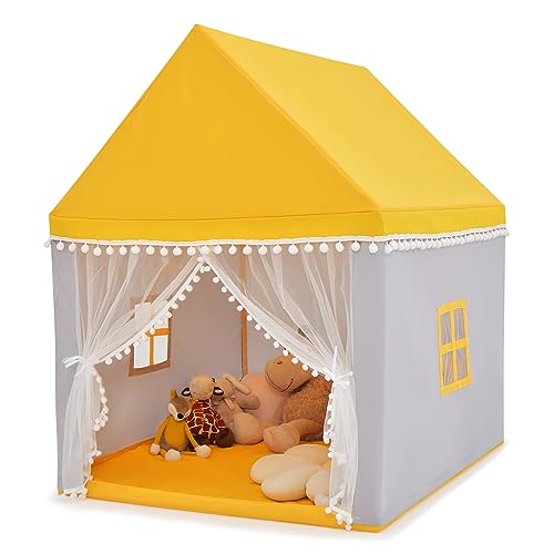 COSTWAY Tente de Jeux Enfant avec Tapis Doux & Lavable, Maison de Jeu en Château de Style Princesse en Coton, Cadre en Bois pour 3-4 Garçons et Filles, 120x105x140cm