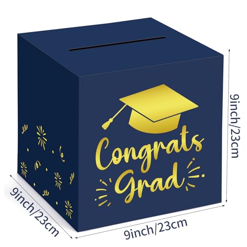 Image of Hooqict Graduation Card Box with Slot 9.1 inch Congrats Grad Blue Gold Money Card Box for Class of 2026 Graduation Decorations Money Envelope Gifts Cards Holder Grad Party Supplies