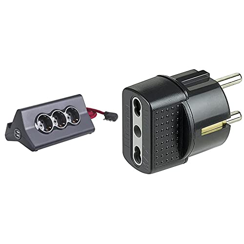 BTicinoBTicino S3713GBU Multipresa da Scrivania con Spina 10 A, 3 P30, 2 Prese USB, Interruttore, 2 m, Nero & S3625GE Adattatore con Spina Tedesca e Presa Bipasso, Colore Nero