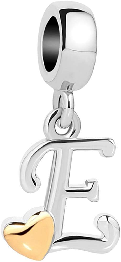 Initial A-Z Letter Charm Golden Heart Alphabet Dangle Beads For Bracelets & Necklaces (E)