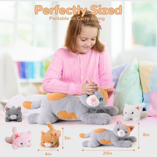 Image of 5 Pieces Cat Stuffed Animals with Babies Inside Belly - 1 Mommy Stuffed Cat with 4 Kittens - Stuffed Kitty Plush Toys for Kid Age 3-8, Gift Ideal for Christmas, Valentine's, Birthday (Grey)